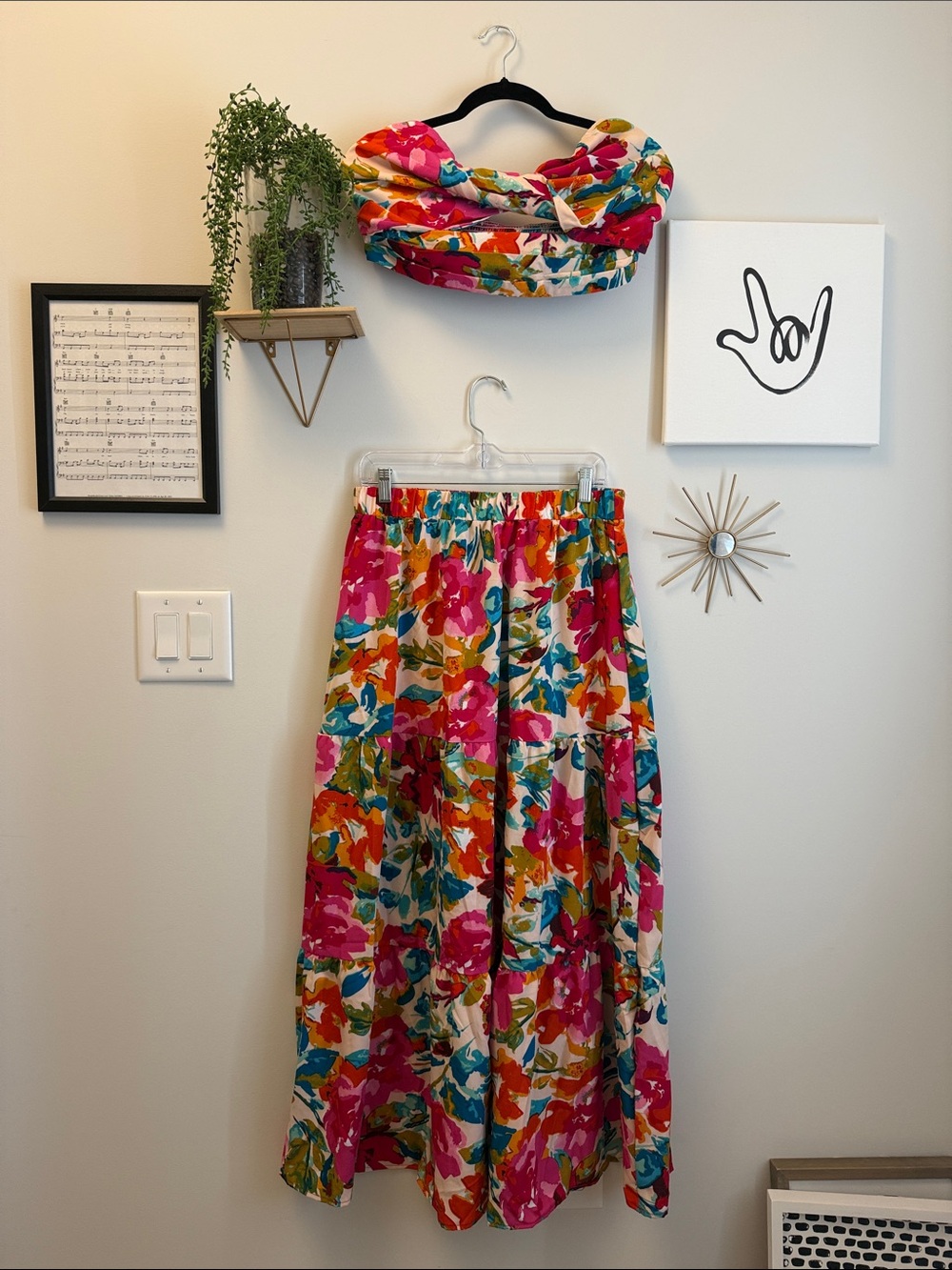 Vibrant Floral Tiered Maxi Skirt with Matching Tube Top - Pink Multi